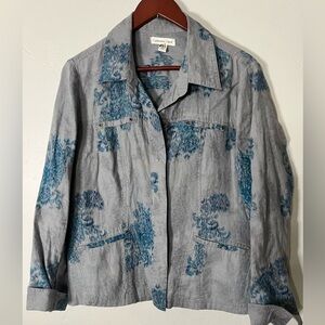Coldwater Creek 100% Linen Gray and Blue Shirt Jacket Women’s Size 14